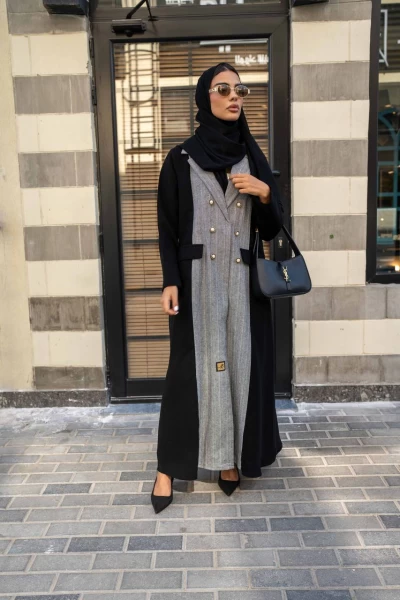 Black Crepe Abaya with Linen Grey Stripe IB225